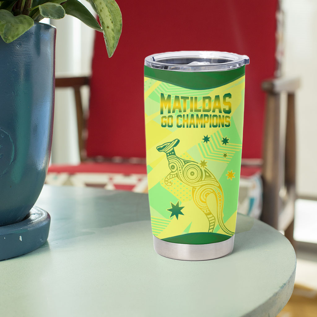 Matildas Australia Go Champions Tumbler Cup Indigenous Dot Art Kangaroo Southern Cross Stars