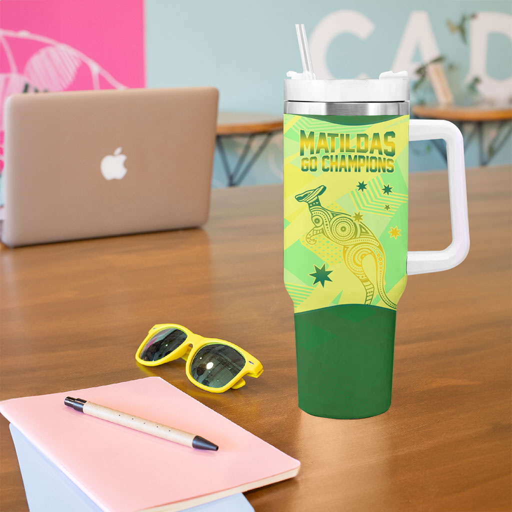 Matildas Australia Go Champions Tumbler With Handle Indigenous Dot Art Kangaroo Southern Cross Stars
