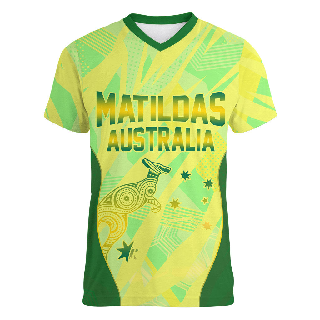Matildas Australia Go Champions Women V-Neck T-Shirt Indigenous Dot Art Kangaroo Southern Cross Stars