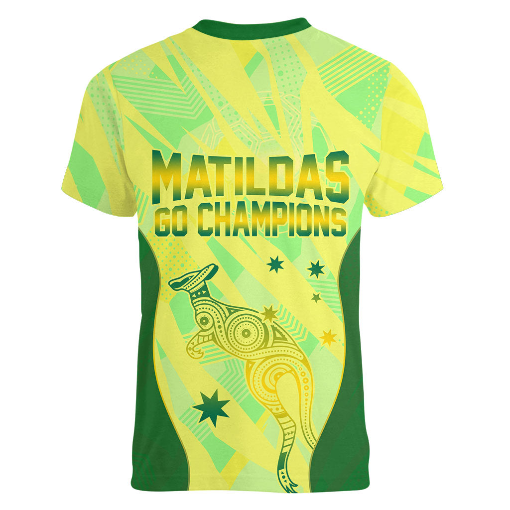 Matildas Australia Go Champions Women V-Neck T-Shirt Indigenous Dot Art Kangaroo Southern Cross Stars