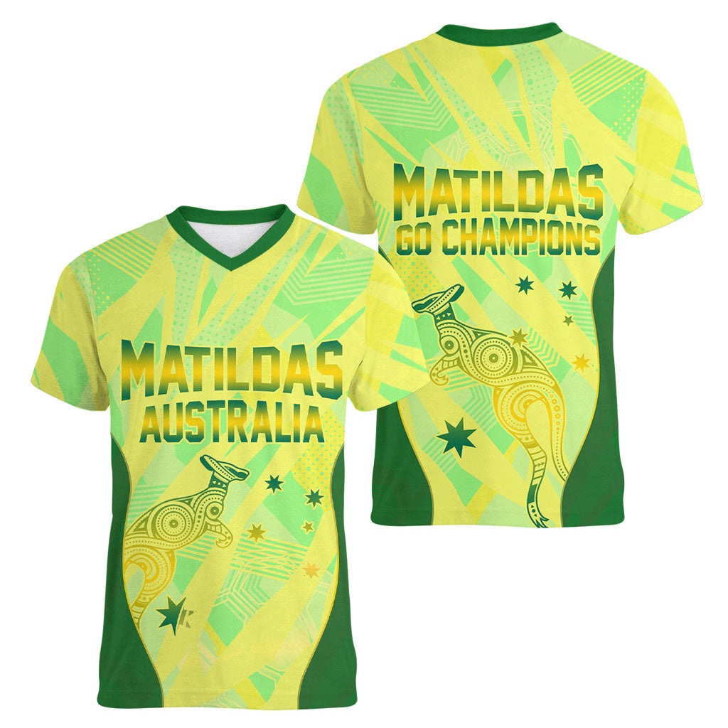 Matildas Australia Go Champions Women V-Neck T-Shirt Indigenous Dot Art Kangaroo Southern Cross Stars
