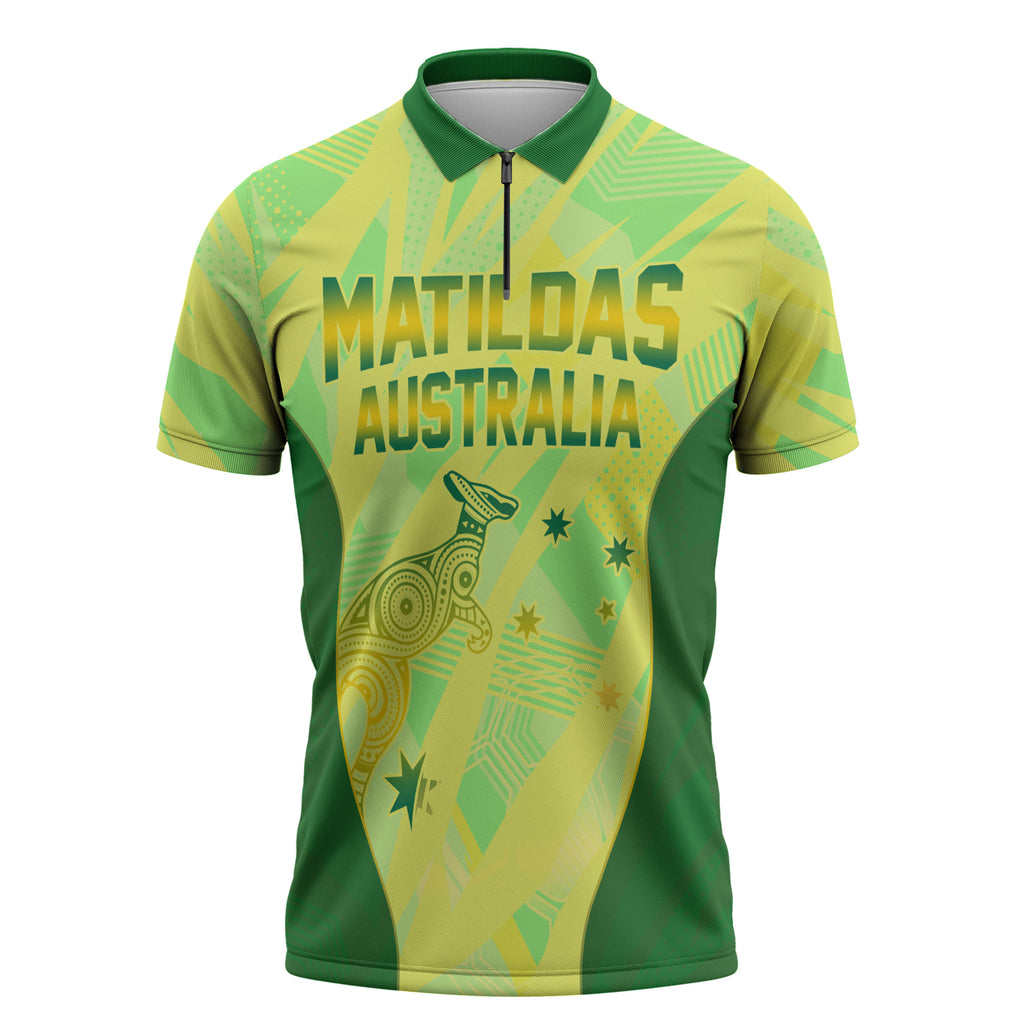 Matildas Australia Go Champions Zipper Polo Shirt Indigenous Dot Art Kangaroo Southern Cross Stars
