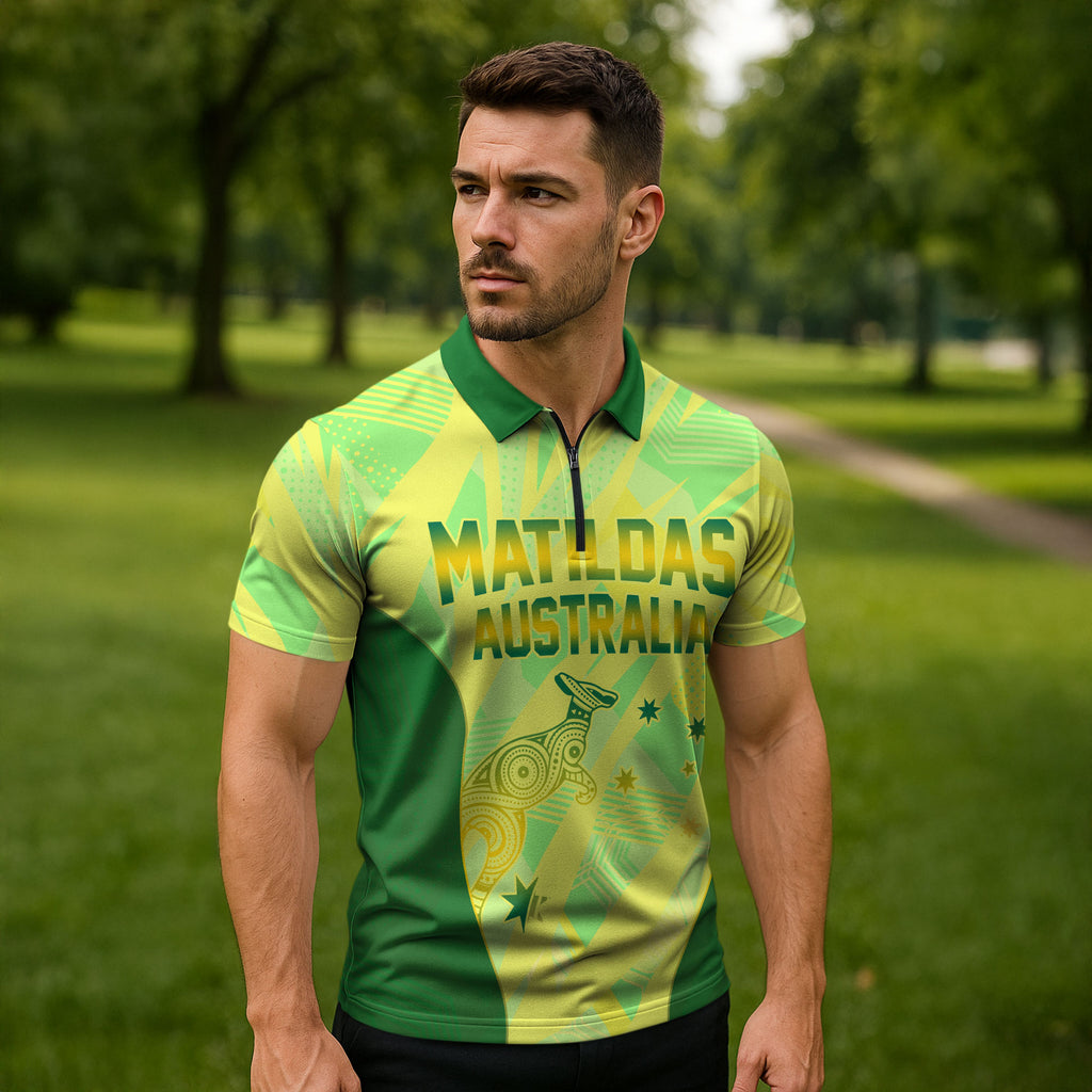 Matildas Australia Go Champions Zipper Polo Shirt Indigenous Dot Art Kangaroo Southern Cross Stars