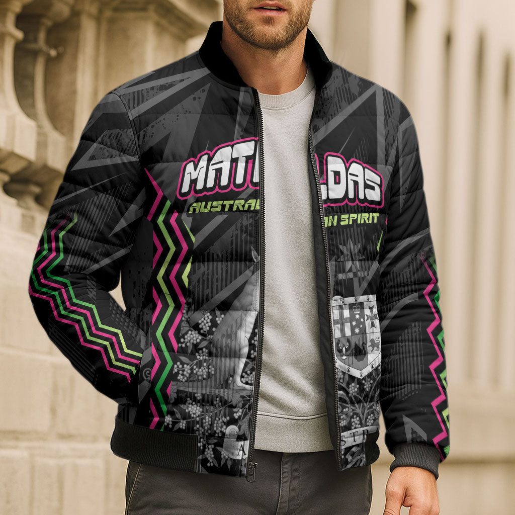 Personalised Matildas Australian Spirit Bomber Puffer Jacket Kangaroo Emu Coat Of Arms Soccer Ball