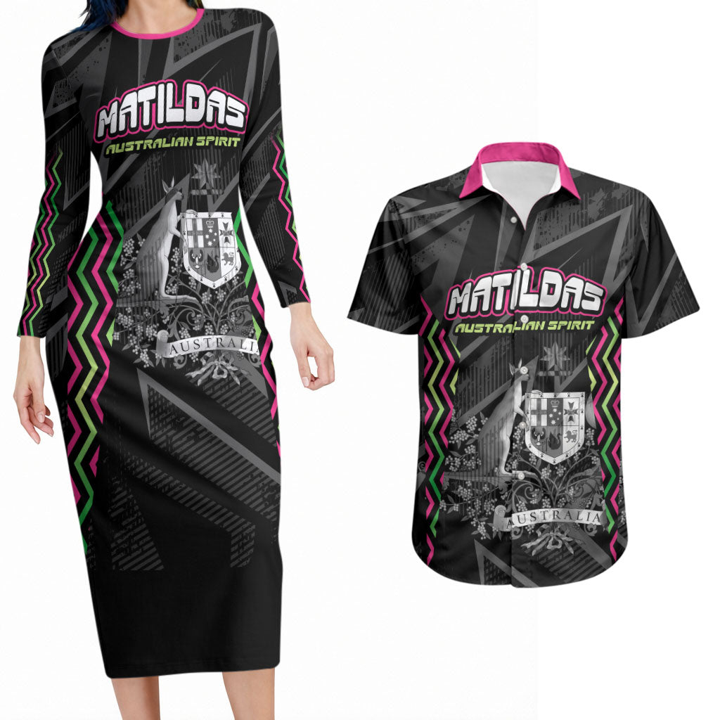 Personalised Matildas Australian Spirit Couples Matching Long Sleeve Bodycon Dress and Hawaiian Shirt Kangaroo Emu Coat Of Arms Soccer Ball