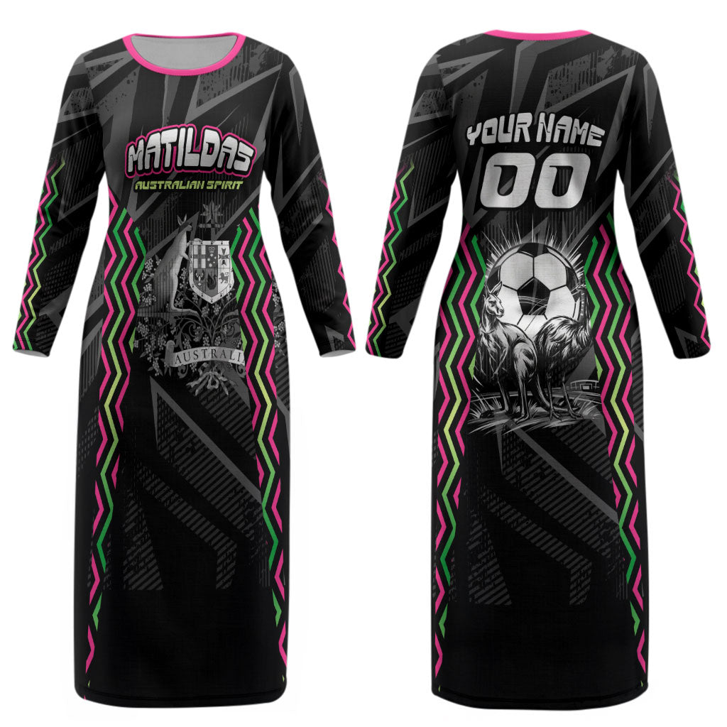 Personalised Matildas Australian Spirit Couples Matching Long Sleeve Bodycon Dress and Hawaiian Shirt Kangaroo Emu Coat Of Arms Soccer Ball