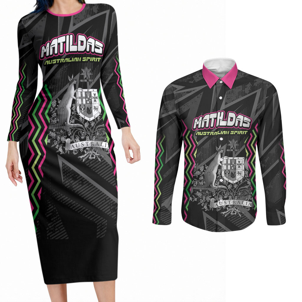 Personalised Matildas Australian Spirit Couples Matching Long Sleeve Bodycon Dress and Long Sleeve Button Shirt Kangaroo Emu Coat Of Arms Soccer Ball