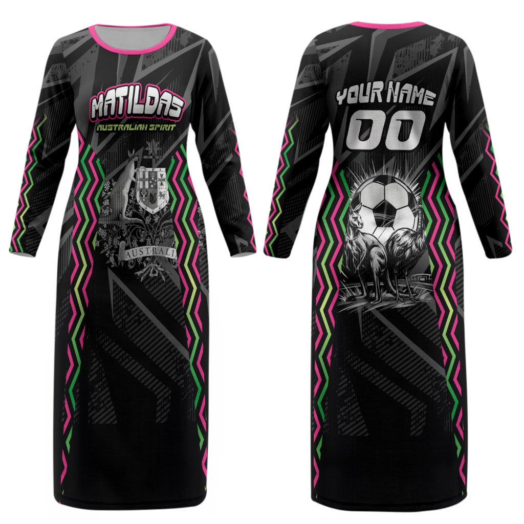 Personalised Matildas Australian Spirit Couples Matching Long Sleeve Bodycon Dress and Long Sleeve Button Shirt Kangaroo Emu Coat Of Arms Soccer Ball
