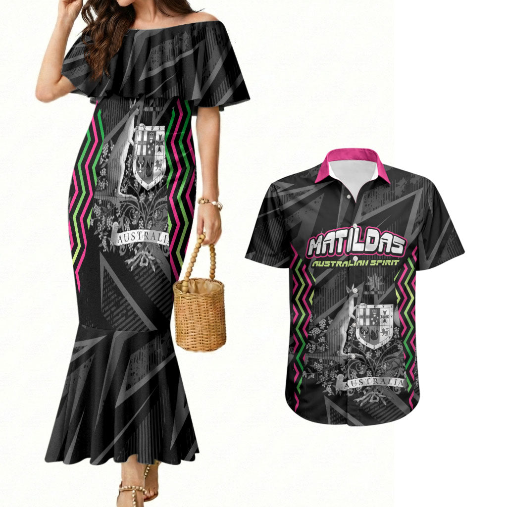 Personalised Matildas Australian Spirit Couples Matching Mermaid Dress and Hawaiian Shirt Kangaroo Emu Coat Of Arms Soccer Ball