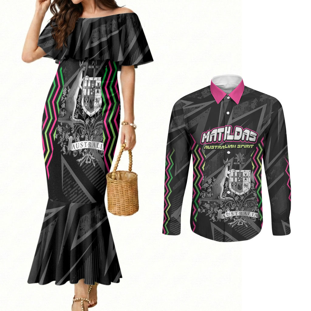 Personalised Matildas Australian Spirit Couples Matching Mermaid Dress and Long Sleeve Button Shirt Kangaroo Emu Coat Of Arms Soccer Ball
