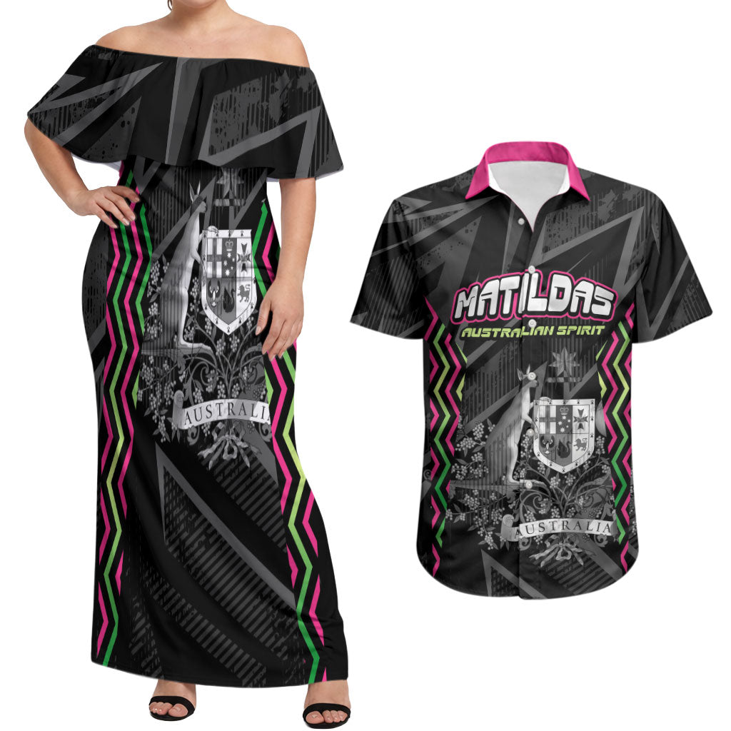 Personalised Matildas Australian Spirit Couples Matching Off Shoulder Maxi Dress and Hawaiian Shirt Kangaroo Emu Coat Of Arms Soccer Ball