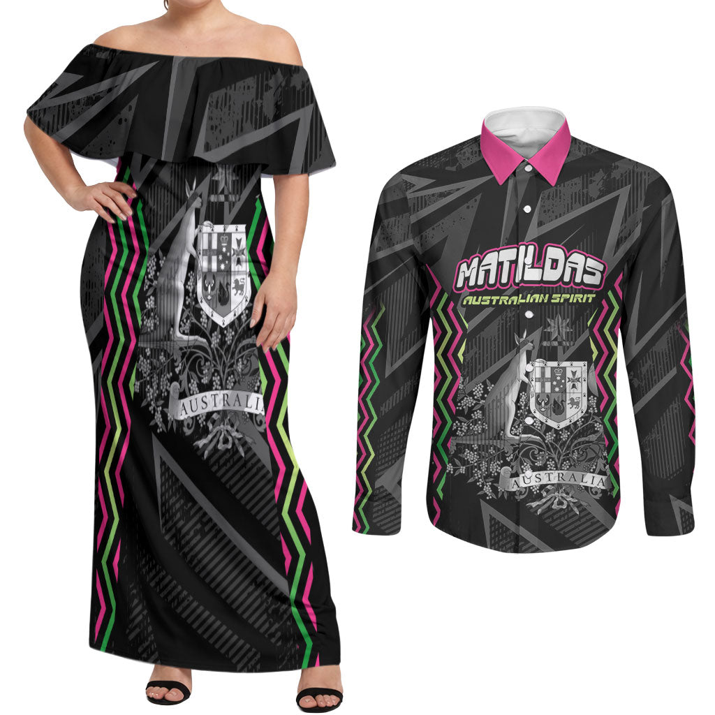 Personalised Matildas Australian Spirit Couples Matching Off Shoulder Maxi Dress and Long Sleeve Button Shirt Kangaroo Emu Coat Of Arms Soccer Ball