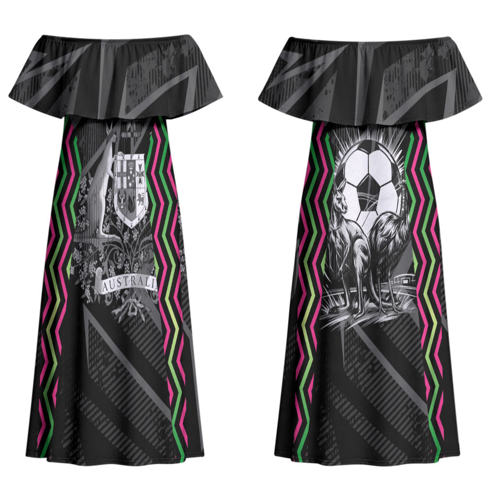 Personalised Matildas Australian Spirit Couples Matching Off Shoulder Maxi Dress and Long Sleeve Button Shirt Kangaroo Emu Coat Of Arms Soccer Ball