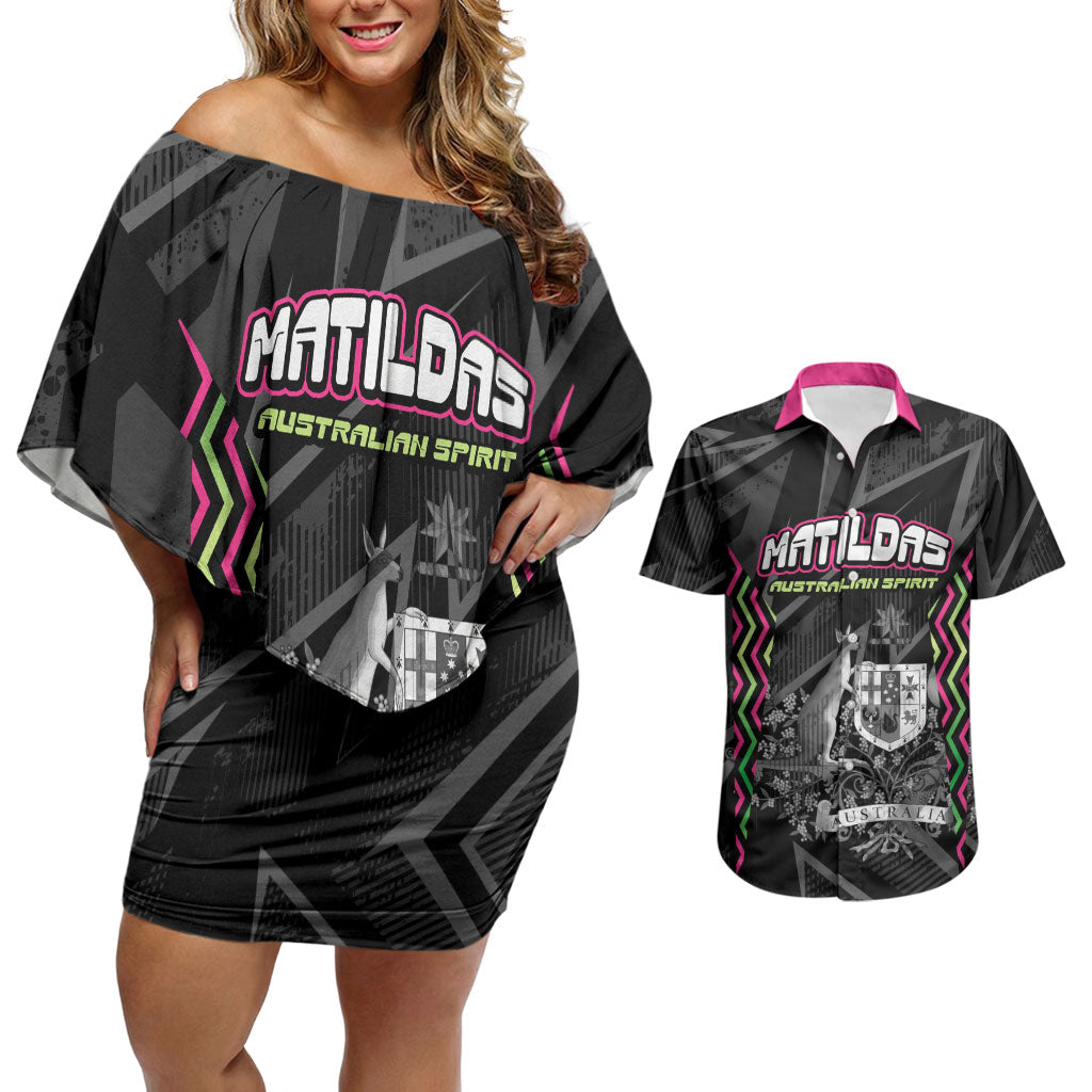 Personalised Matildas Australian Spirit Couples Matching Off Shoulder Short Dress and Hawaiian Shirt Kangaroo Emu Coat Of Arms Soccer Ball