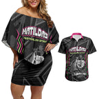 Personalised Matildas Australian Spirit Couples Matching Off Shoulder Short Dress and Hawaiian Shirt Kangaroo Emu Coat Of Arms Soccer Ball