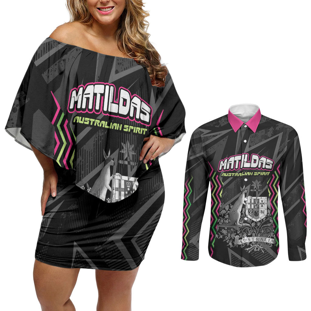 Personalised Matildas Australian Spirit Couples Matching Off Shoulder Short Dress and Long Sleeve Button Shirt Kangaroo Emu Coat Of Arms Soccer Ball