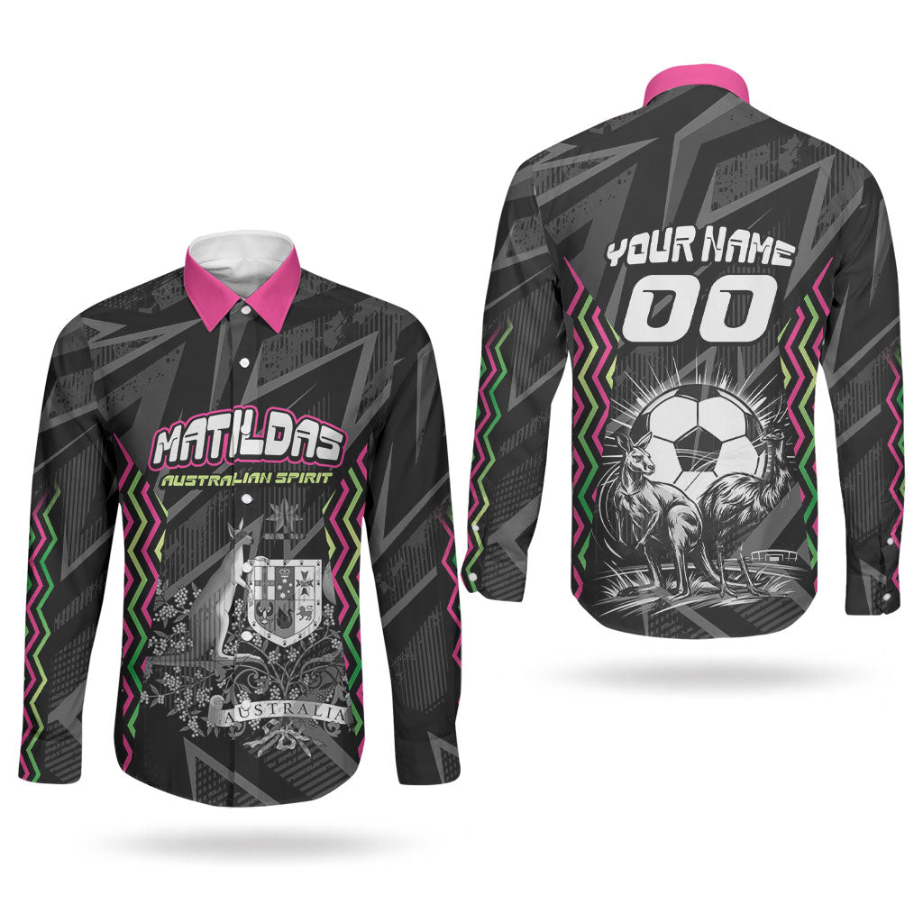 Personalised Matildas Australian Spirit Couples Matching Off Shoulder Short Dress and Long Sleeve Button Shirt Kangaroo Emu Coat Of Arms Soccer Ball