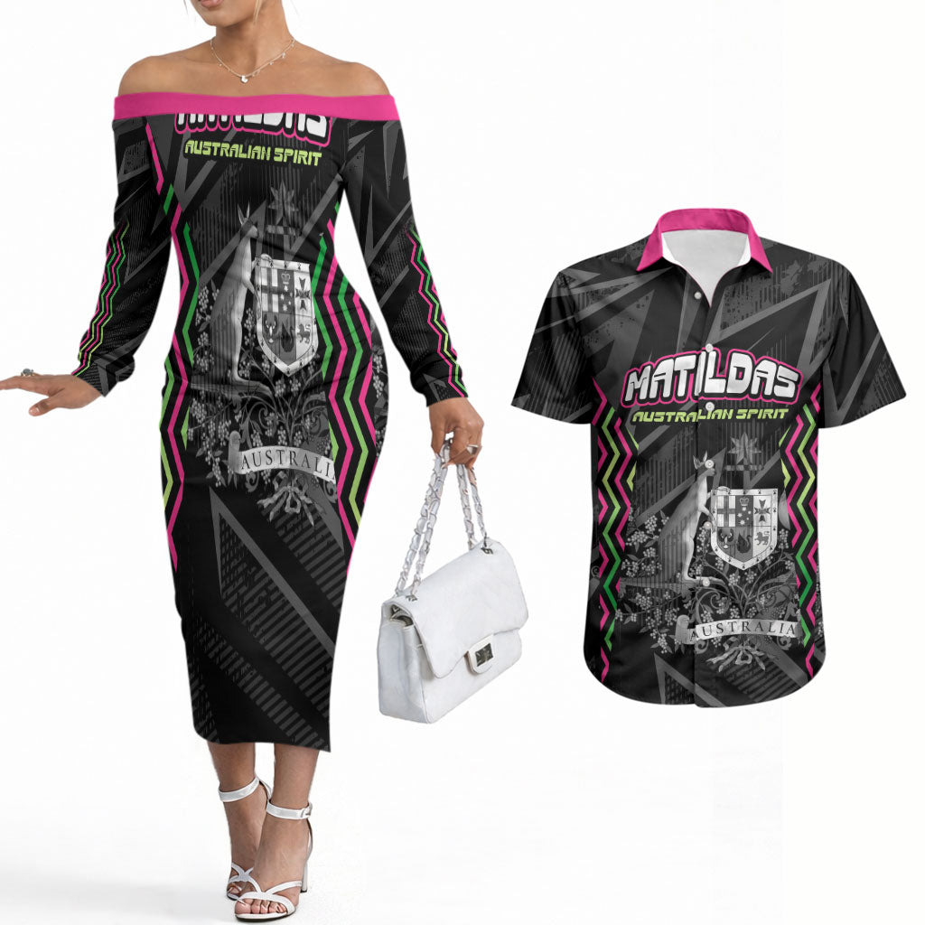 Personalised Matildas Australian Spirit Couples Matching Off The Shoulder Long Sleeve Dress and Hawaiian Shirt Kangaroo Emu Coat Of Arms Soccer Ball
