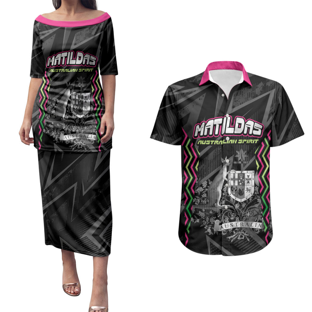 Personalised Matildas Australian Spirit Couples Matching Puletasi and Hawaiian Shirt Kangaroo Emu Coat Of Arms Soccer Ball
