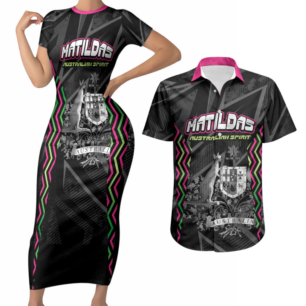 Personalised Matildas Australian Spirit Couples Matching Short Sleeve Bodycon Dress and Hawaiian Shirt Kangaroo Emu Coat Of Arms Soccer Ball