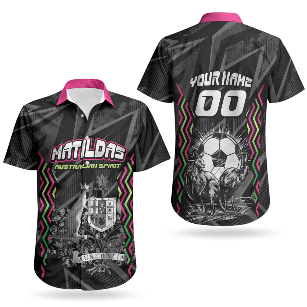 Personalised Matildas Australian Spirit Couples Matching Short Sleeve Bodycon Dress and Hawaiian Shirt Kangaroo Emu Coat Of Arms Soccer Ball