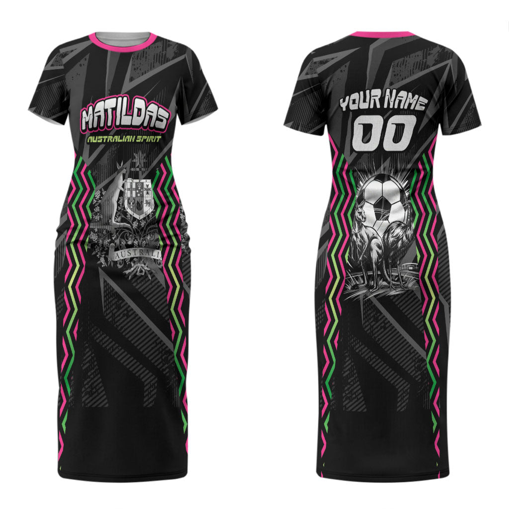 Personalised Matildas Australian Spirit Couples Matching Short Sleeve Bodycon Dress and Hawaiian Shirt Kangaroo Emu Coat Of Arms Soccer Ball