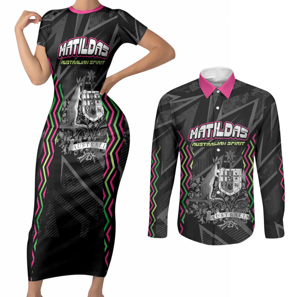 Personalised Matildas Australian Spirit Couples Matching Short Sleeve Bodycon Dress and Long Sleeve Button Shirt Kangaroo Emu Coat Of Arms Soccer Ball