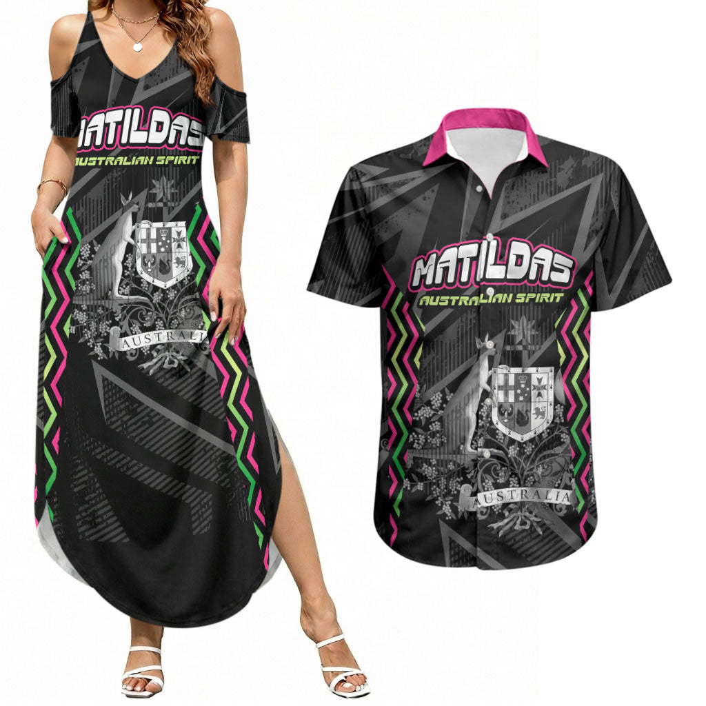Personalised Matildas Australian Spirit Couples Matching Summer Maxi Dress and Hawaiian Shirt Kangaroo Emu Coat Of Arms Soccer Ball