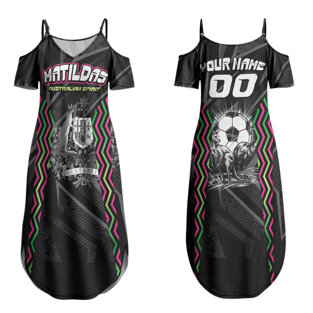 Personalised Matildas Australian Spirit Couples Matching Summer Maxi Dress and Hawaiian Shirt Kangaroo Emu Coat Of Arms Soccer Ball