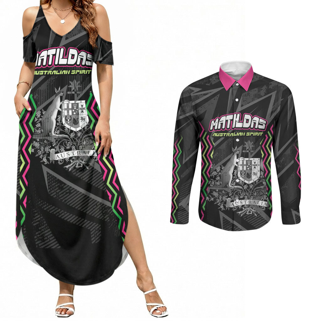 Personalised Matildas Australian Spirit Couples Matching Summer Maxi Dress and Long Sleeve Button Shirt Kangaroo Emu Coat Of Arms Soccer Ball