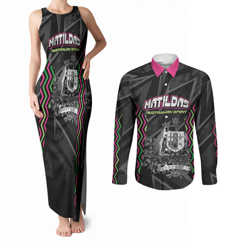 Personalised Matildas Australian Spirit Couples Matching Tank Maxi Dress and Long Sleeve Button Shirt Kangaroo Emu Coat Of Arms Soccer Ball