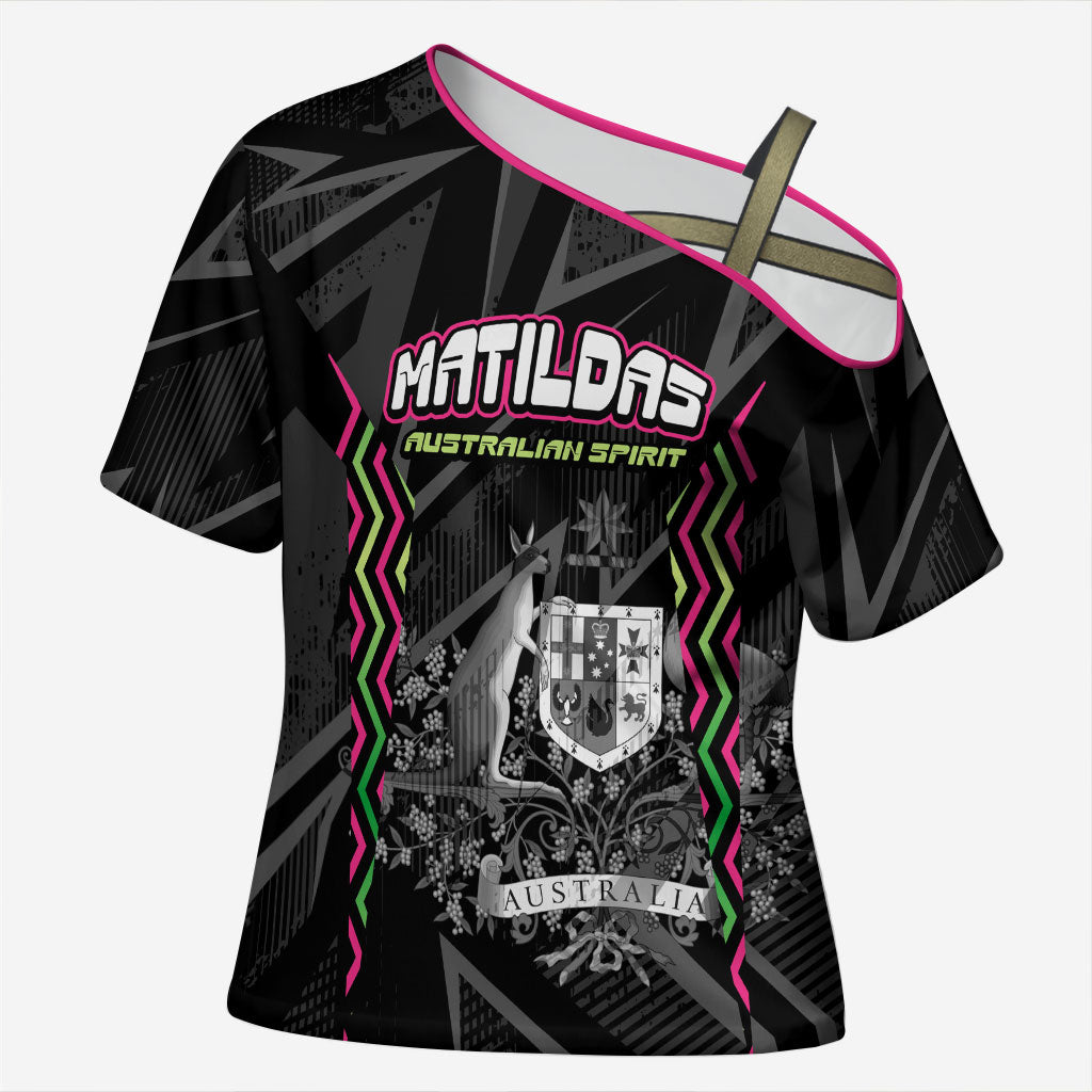 Personalised Matildas Australian Spirit Cross Shoulder Shirt Kangaroo Emu Coat Of Arms Soccer Ball