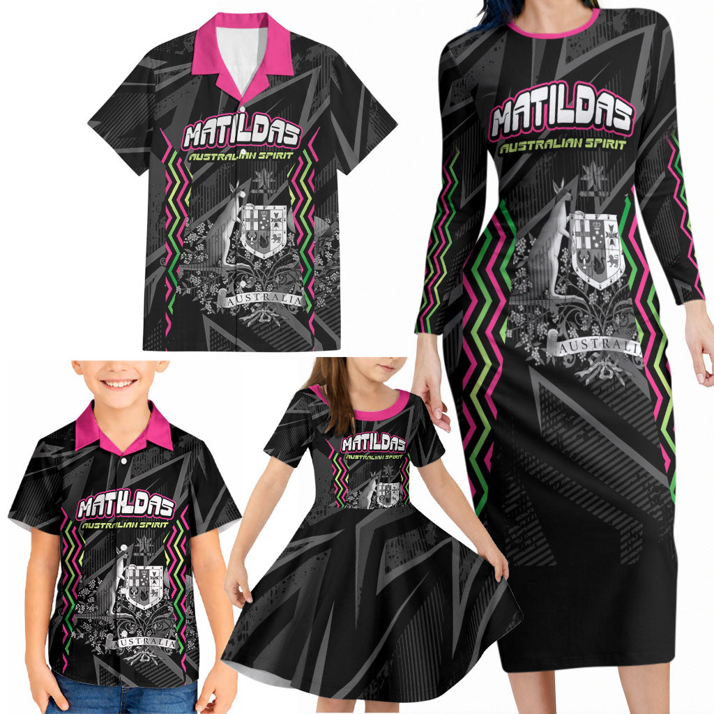 Personalised Matildas Australian Spirit Family Matching Long Sleeve Bodycon Dress and Hawaiian Shirt Kangaroo Emu Coat Of Arms Soccer Ball