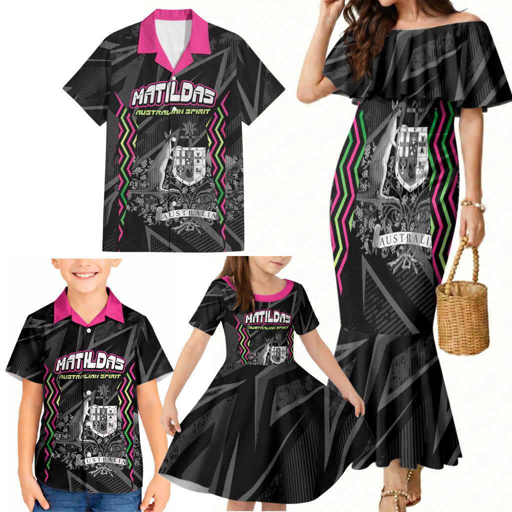 Personalised Matildas Australian Spirit Family Matching Mermaid Dress and Hawaiian Shirt Kangaroo Emu Coat Of Arms Soccer Ball