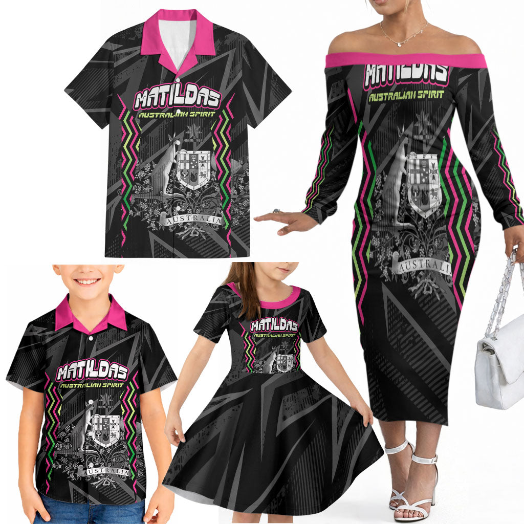 Personalised Matildas Australian Spirit Family Matching Off The Shoulder Long Sleeve Dress and Hawaiian Shirt Kangaroo Emu Coat Of Arms Soccer Ball