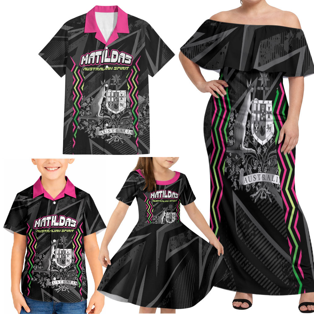 Personalised Matildas Australian Spirit Family Matching Off Shoulder Maxi Dress and Hawaiian Shirt Kangaroo Emu Coat Of Arms Soccer Ball