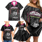 Personalised Matildas Australian Spirit Family Matching Off Shoulder Short Dress and Hawaiian Shirt Kangaroo Emu Coat Of Arms Soccer Ball