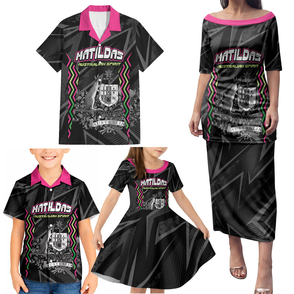 Personalised Matildas Australian Spirit Family Matching Puletasi and Hawaiian Shirt Kangaroo Emu Coat Of Arms Soccer Ball