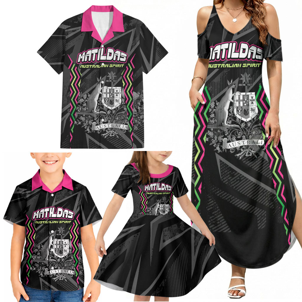 Personalised Matildas Australian Spirit Family Matching Summer Maxi Dress and Hawaiian Shirt Kangaroo Emu Coat Of Arms Soccer Ball