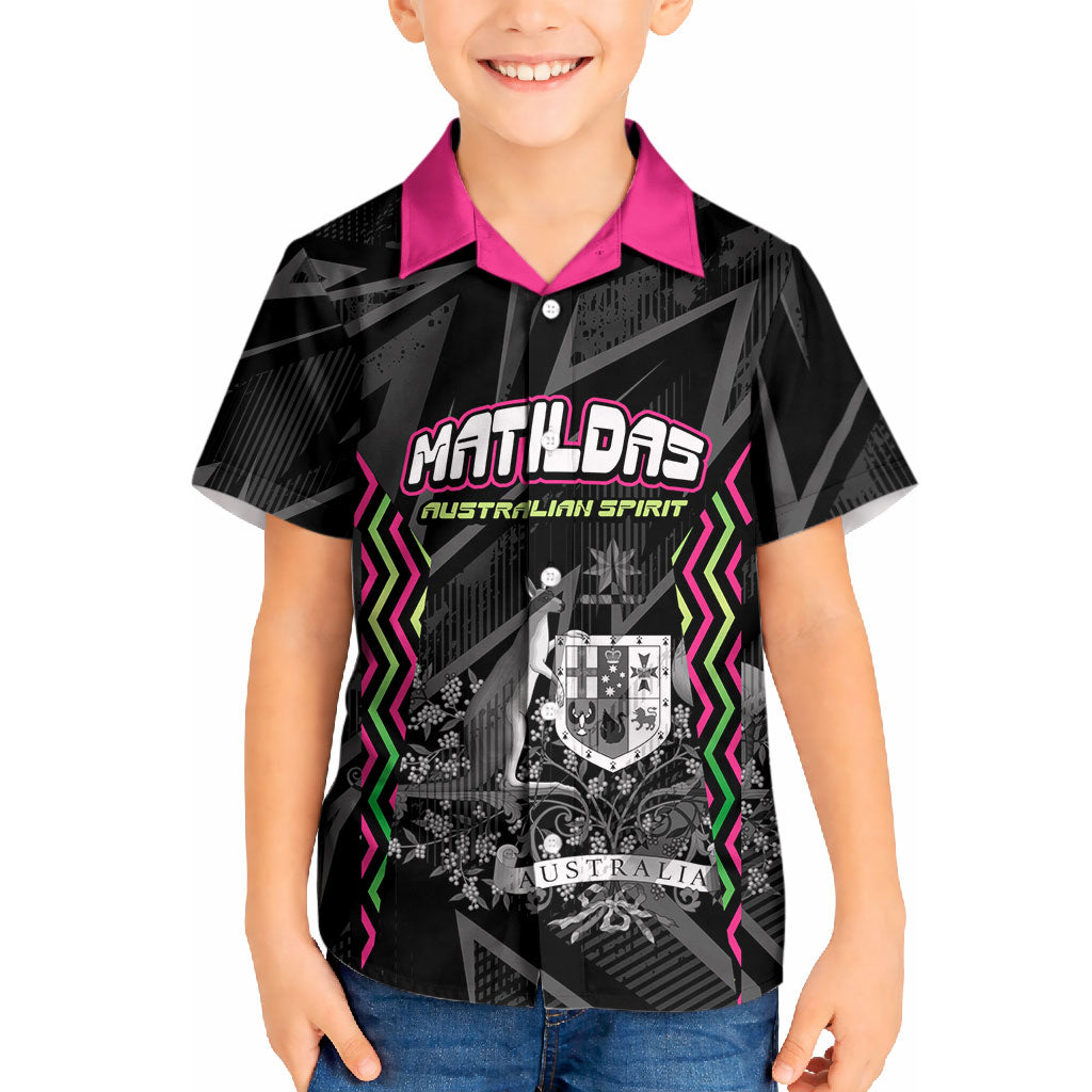Personalised Matildas Australian Spirit Kid Hawaiian Shirt Kangaroo Emu Coat Of Arms Soccer Ball