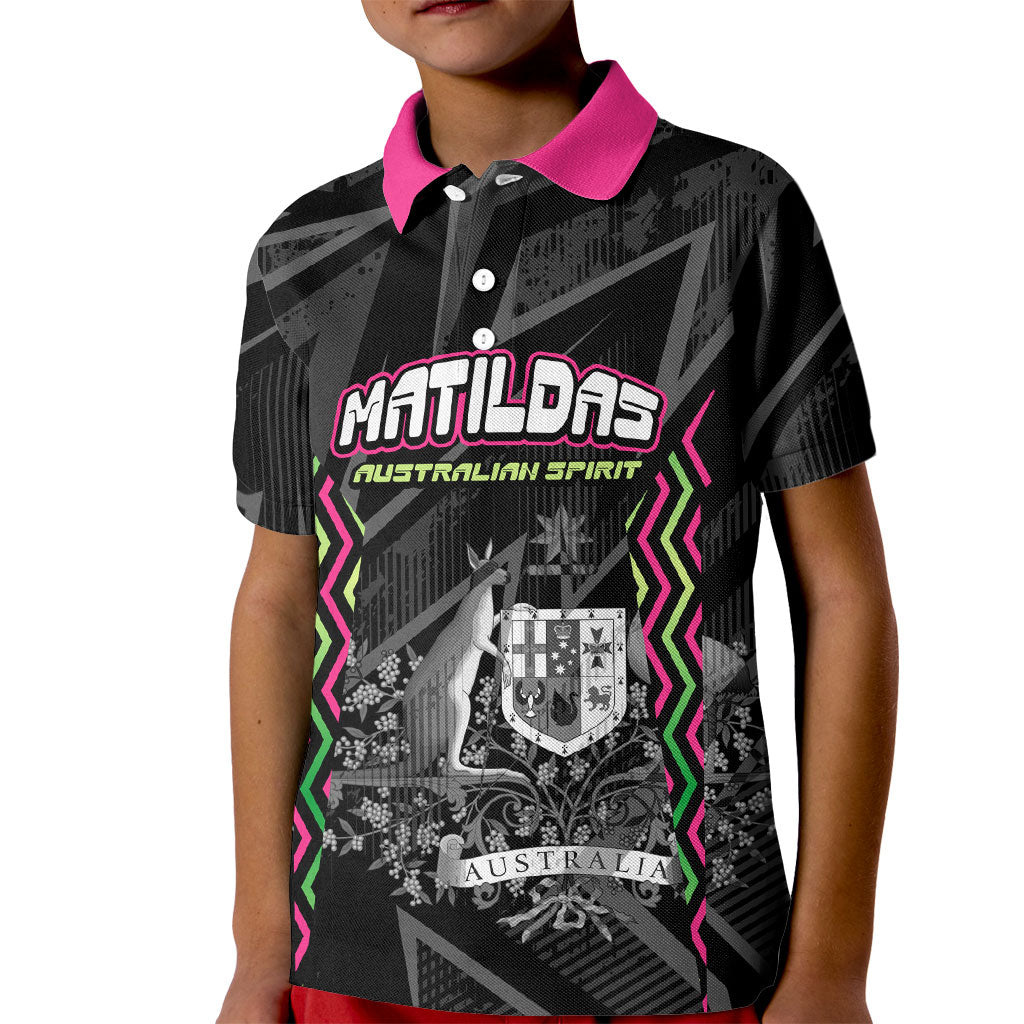 Personalised Matildas Australian Spirit Kid Polo Shirt Kangaroo Emu Coat Of Arms Soccer Ball