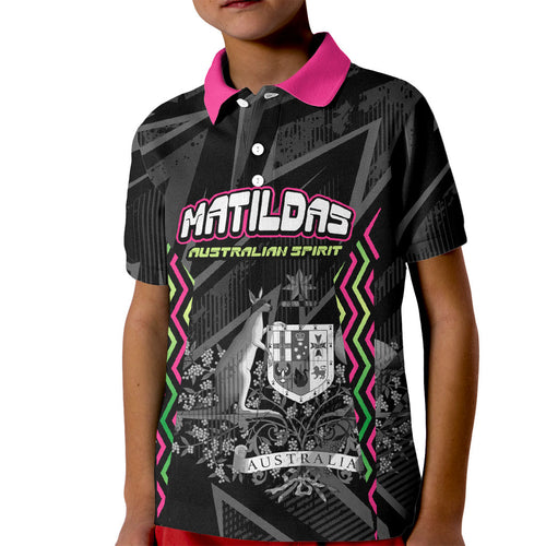 Personalised Matildas Australian Spirit Kid Polo Shirt Kangaroo Emu Coat Of Arms Soccer Ball