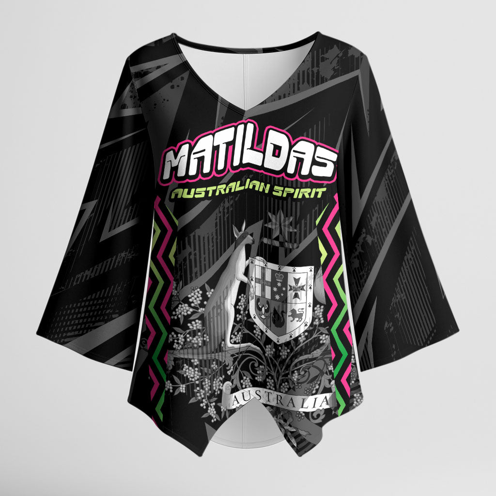 Personalised Matildas Australian Spirit Kimono Sleeve Blouse Kangaroo Emu Coat Of Arms Soccer Ball