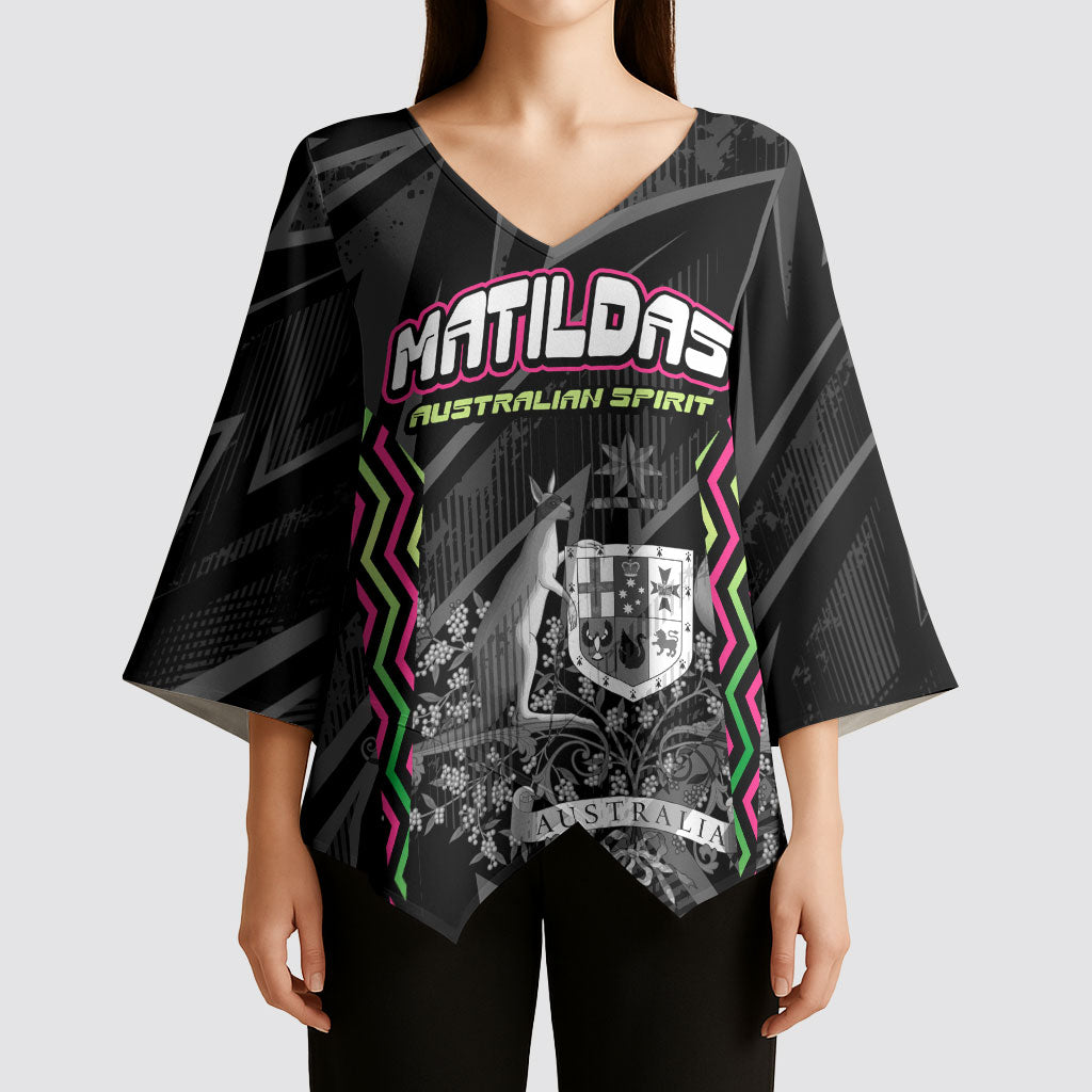 Personalised Matildas Australian Spirit Kimono Sleeve Blouse Kangaroo Emu Coat Of Arms Soccer Ball