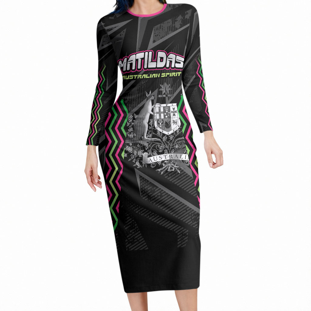 Personalised Matildas Australian Spirit Long Sleeve Bodycon Dress Kangaroo Emu Coat Of Arms Soccer Ball