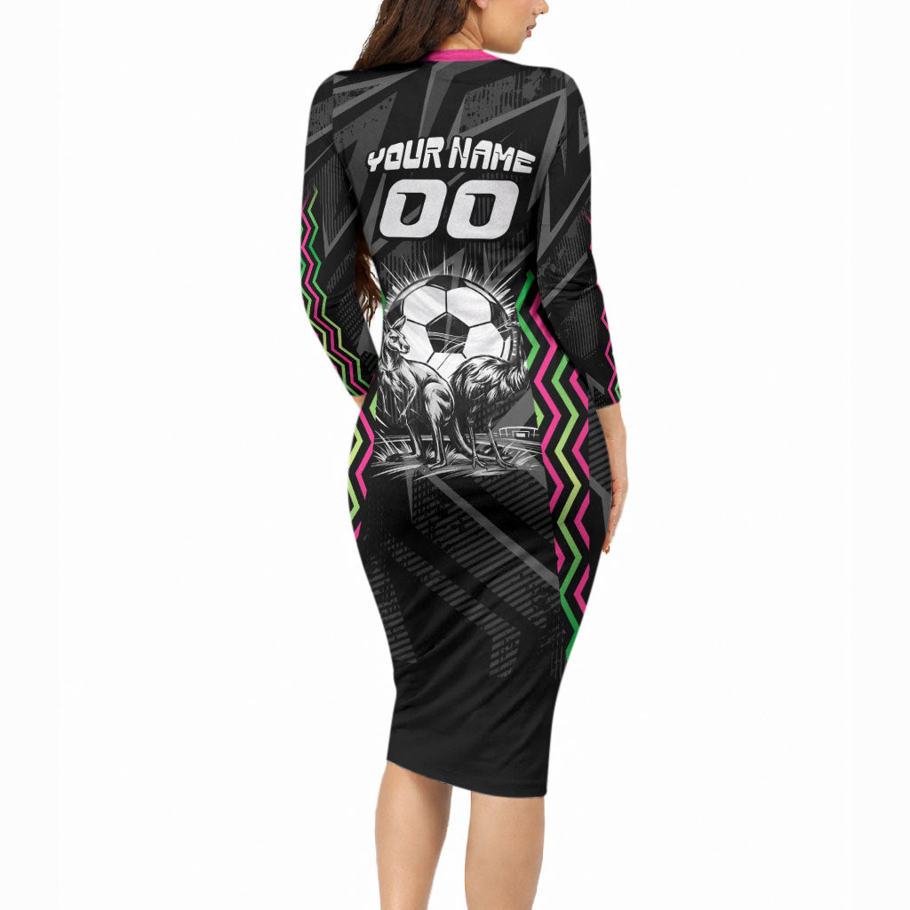 Personalised Matildas Australian Spirit Long Sleeve Bodycon Dress Kangaroo Emu Coat Of Arms Soccer Ball