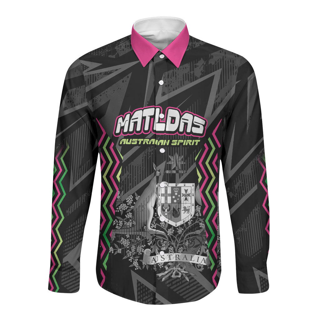 Personalised Matildas Australian Spirit Long Sleeve Button Shirt Kangaroo Emu Coat Of Arms Soccer Ball
