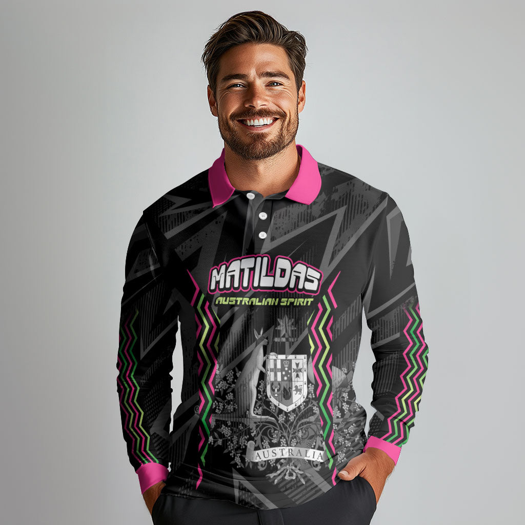 Personalised Matildas Australian Spirit Long Sleeve Polo Shirt Kangaroo Emu Coat Of Arms Soccer Ball