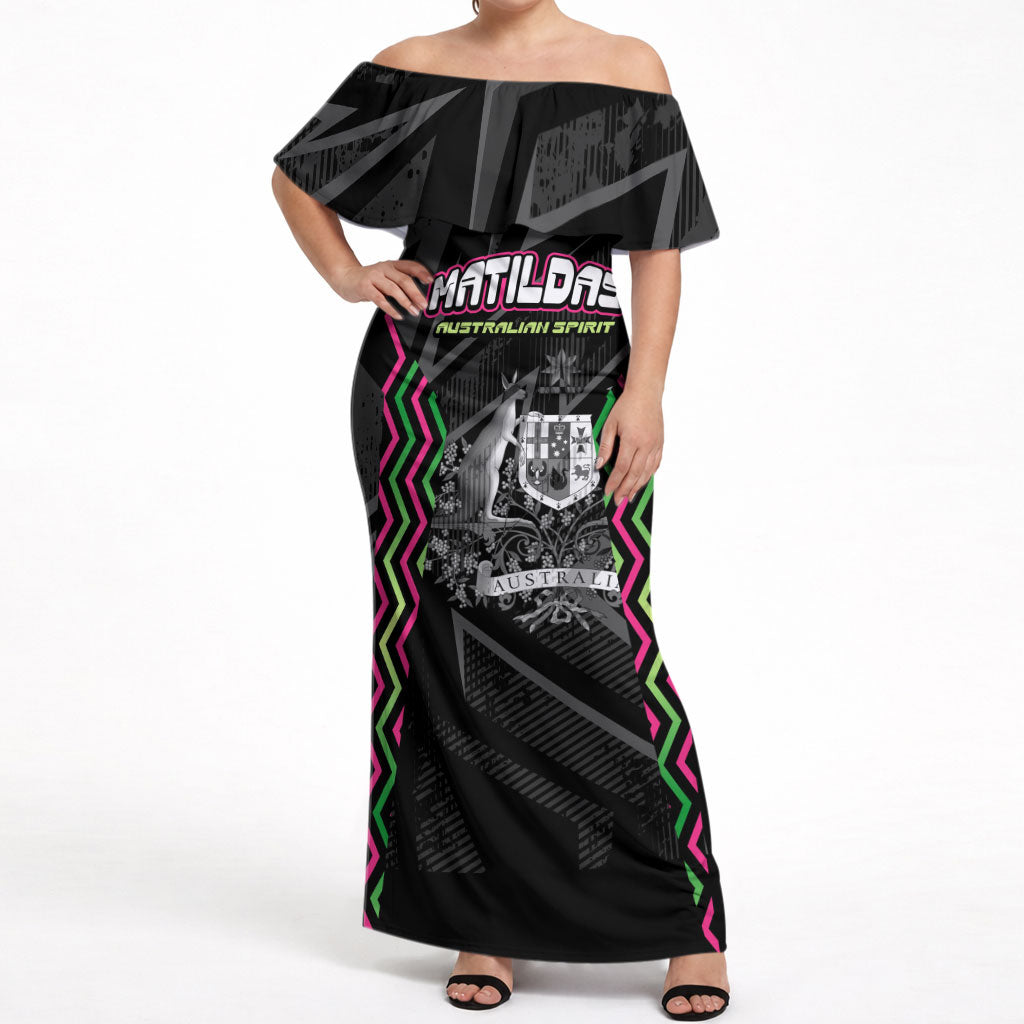 Personalised Matildas Australian Spirit Off Shoulder Maxi Dress Kangaroo Emu Coat Of Arms Soccer Ball