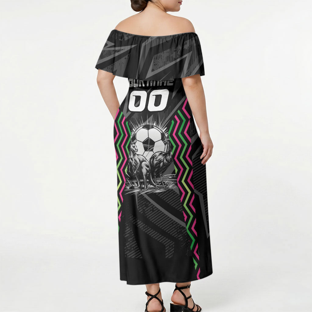 Personalised Matildas Australian Spirit Off Shoulder Maxi Dress Kangaroo Emu Coat Of Arms Soccer Ball